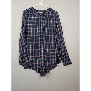 Lucky Brand Blue Pink Plaid LS Popover 100% Rayon Tunic Blouse Women's XL